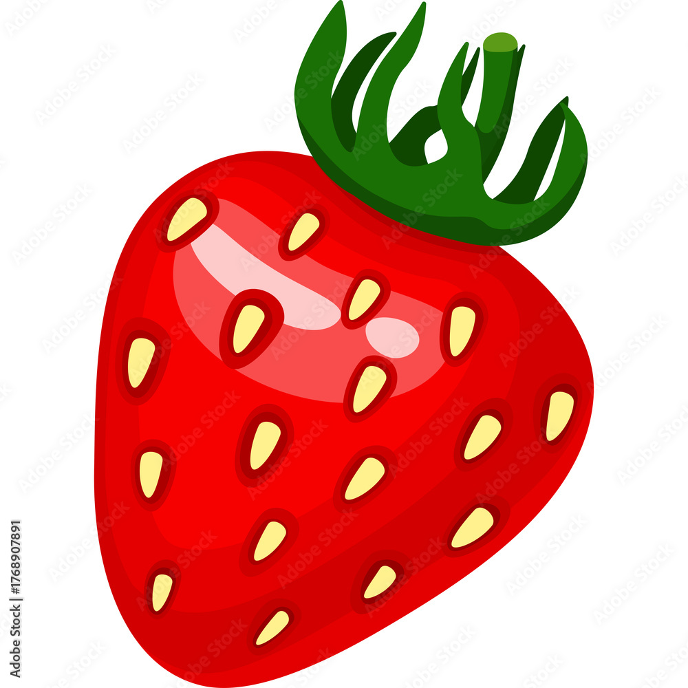 Obraz premium Cartoon Strawberry Fruit With Green Stem and Yellow Seeds Isolated On White Background Detailed Vector Illustration