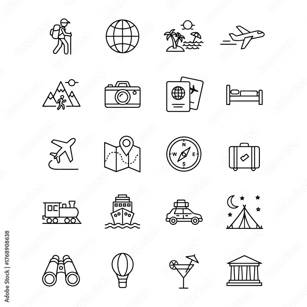 Obraz premium Minimalist Travel and Adventure Line Icons Set — Tourism Elements Vector Collection