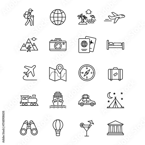 Minimalist Travel and Adventure Line Icons Set — Tourism Elements Vector Collection