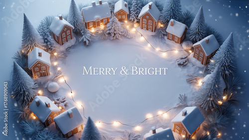 A festive winter scene with snow-covered houses arranged in a circle, illuminated by warm string lights and surrounded by snowy evergreen trees.