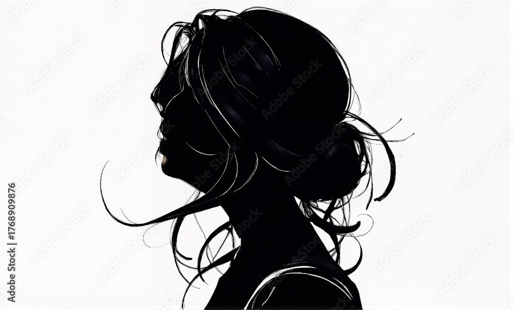 Naklejka premium A bold black silhouette of a woman in profile, with long hair flowing dramatically against a stark white background evoking freedom, motion, and elegance.