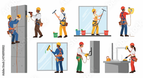 Diverse construction workers performing various tasks, including window washing, drilling, and working on building facades, in a vector illustration.