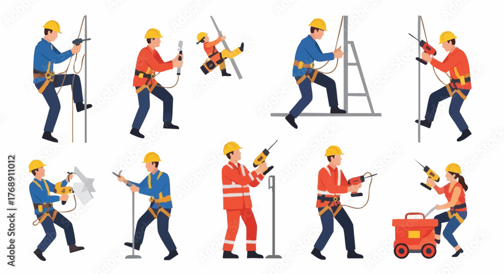 Fototapeta premium Illustration of construction workers using various tools and safety equipment while performing their jobs in a variety of situations.