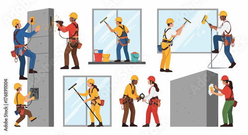 Diverse window cleaners and construction workers wearing safety harnesses and helmets perform various tasks in different settings, vector illustration.