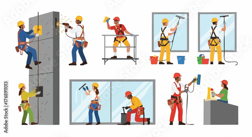A collection of diverse window cleaners and construction workers performing various tasks, showcasing professional skills and safety measures.