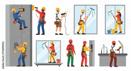 Diverse window cleaners and construction workers performing various tasks, including repairs, cleaning, and maintenance, in a set of illustrations.