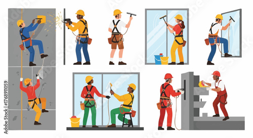Diverse construction workers performing various tasks, including window washing, wall repair, and industrial maintenance, in a vibrant illustration.