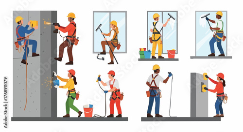 Diverse construction and maintenance workers performing various tasks, including window washing, wall repair, and climbing, showcasing teamwork and safety.