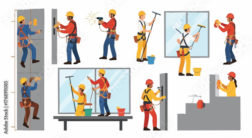 A collection of diverse construction workers meticulously cleaning and repairing various building surfaces, ensuring safety with harnesses and tools.