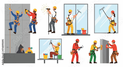 A collection of illustrations depicting professional window cleaners and construction workers performing their tasks with safety gear and tools.