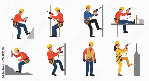 Illustration of construction workers using safety equipment, including harnesses and drills, while performing various tasks on different surfaces.