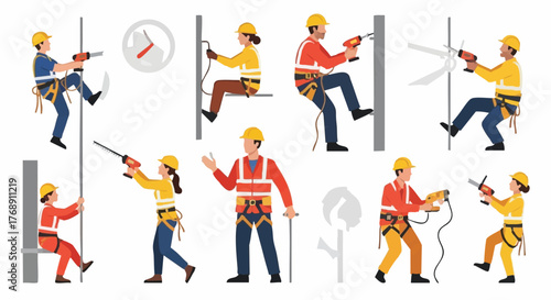 A team of construction workers wearing safety gear drills into walls and structures, showing different perspectives of their work.