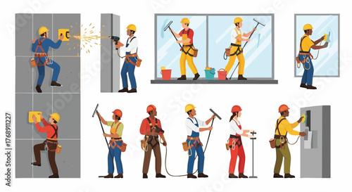 Diverse window cleaners and construction workers performing various tasks, showcasing professional cleaning and building maintenance services.