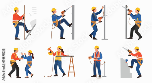 Construction workers in various safety harnesses and hard hats, performing tasks like drilling and climbing, illustrating workplace safety and construction.