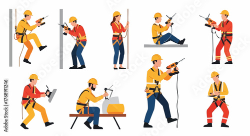 A collection of construction workers in various poses, using tools and equipment while wearing safety harnesses and helmets for building projects.
