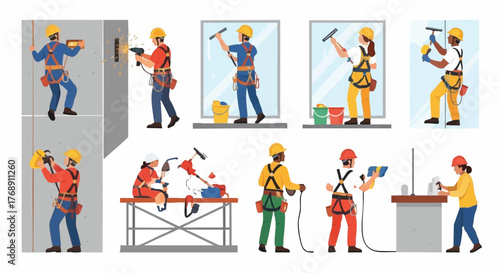 Diverse construction workers performing various tasks, including window cleaning, electrical work, and general building maintenance, in a vibrant illustration.