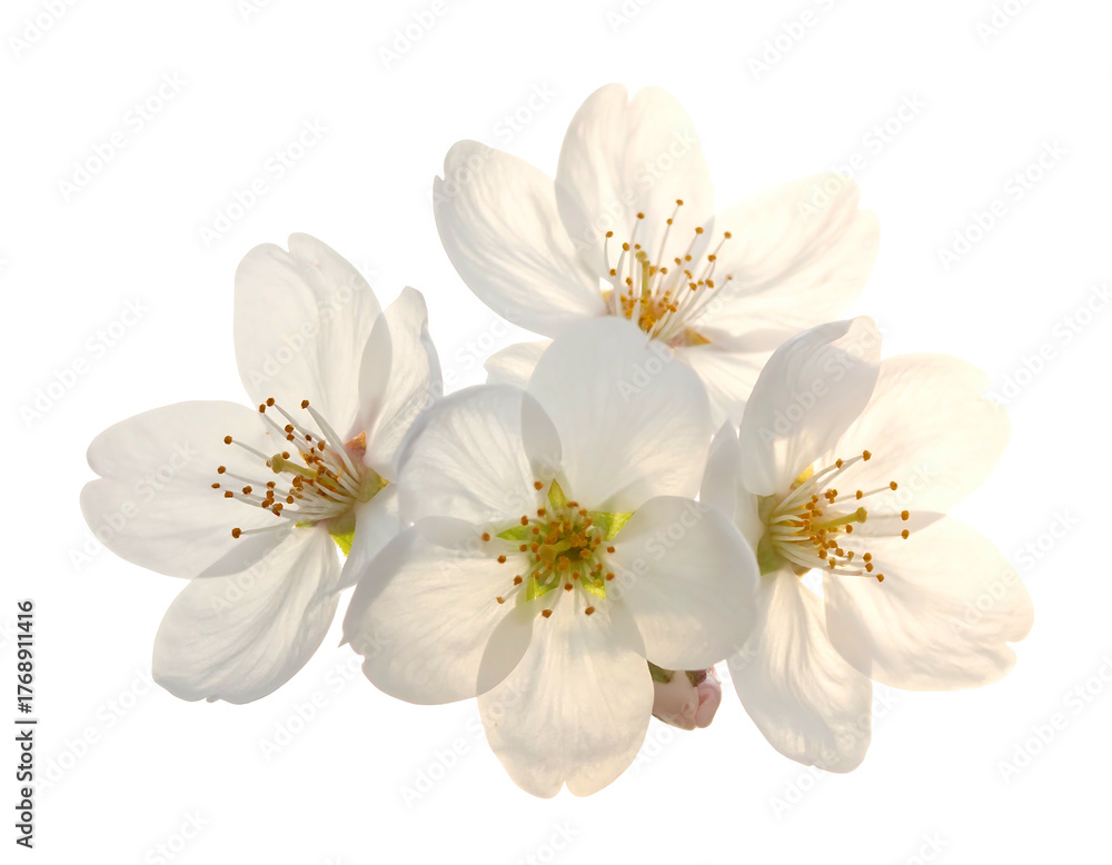 Obraz premium Four white flowers with yellow centers, petals clustered tightly, soft lighting against a stark black background