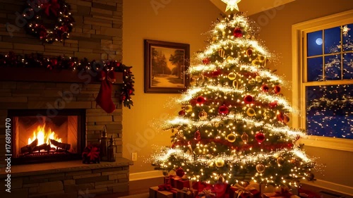 Cozy Christmas Scene - Fireplace, Tree, and Festive Decorations.