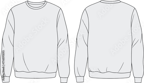 Basic crewneck sweatshirt flat sketch, front and back view, fashion CAD drawing, apparel template, technical illustration, clothing design outline, vector garment blueprint