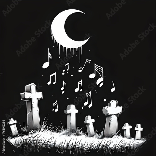 Melodic Gravestone: A mystical moon casting down musical notes above a graveyard, the scene a beautiful blend of art.