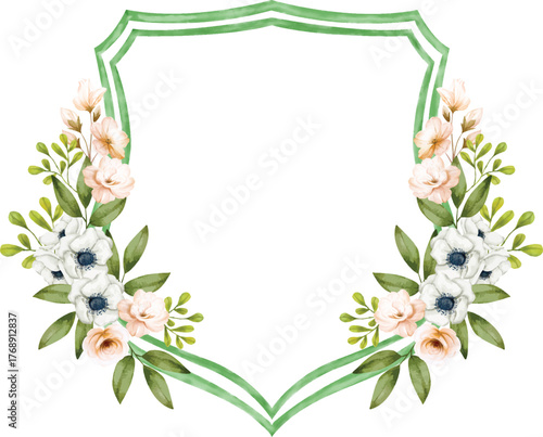A beautiful hand drawn watercolor illustration of a floral crest frame, featuring delicate anemone and rose flowers, perfect for invitations and decorations.