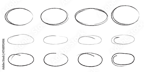 Hand drawn red crayon ovals and circles. Ellipses pencil doodle style set. Red round rough thin frames. Round freehand shapes, emphasis highlights. Vector elements for hand drawn diagrams