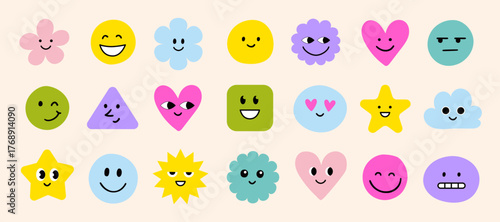 Face smile emoji doodle icon sticker set. Cute kid doodle hand drawn style funny face emoji smile, happy, sad sticker. Funny cartoon emoticon heart, star, flower shape. Vector illustration