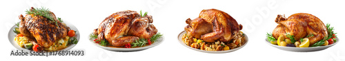 Thanksgiving Day roasted chicken or turkey isolated on white background, grilled poultry cut out transparent png