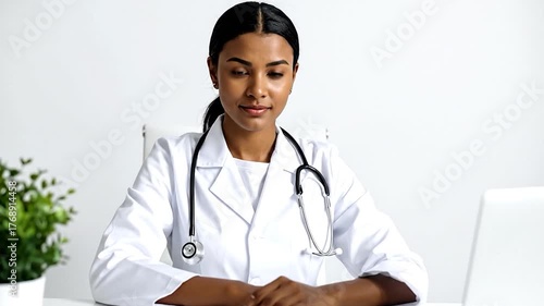 Portrait of a female medical professional seated at a desk, with a stethoscope