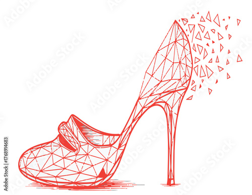 Elegant Red Wireframe High Heel Shoe Deconstructing into Geometric Particles, Symbolizing Transformation and Sophistication