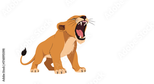 A cute cartoon lioness stands on all fours, captured mid-roar or large yawn, showcasing its sharp teeth and pink tongue, isolated on a white background.