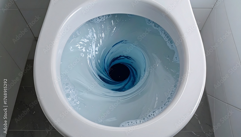 Fototapeta premium Top-Down View of a White Toilet Bowl with Swirling Blue Water and Bubbles