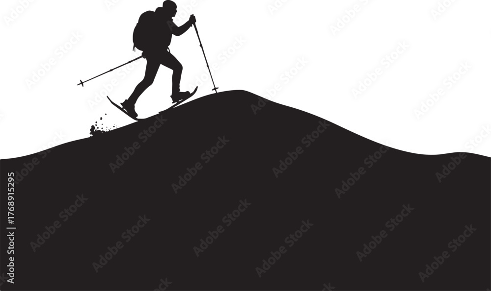 Fototapeta premium Backcountry skier silhouette trekking uphill with poles and backpack, ski touring mountaineering icon.