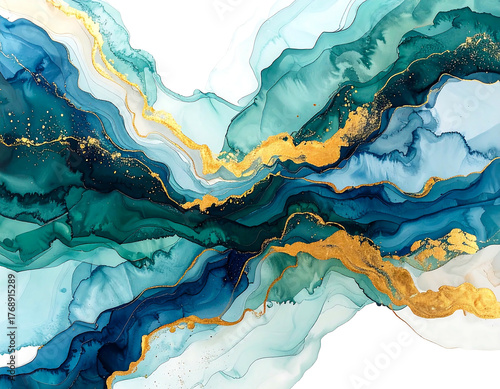 Swirling teal and blue waves intertwine with golden streaks in a dynamic, abstract composition, against a black background