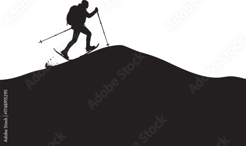 Backcountry skier silhouette trekking uphill with poles and backpack, ski touring mountaineering icon.
