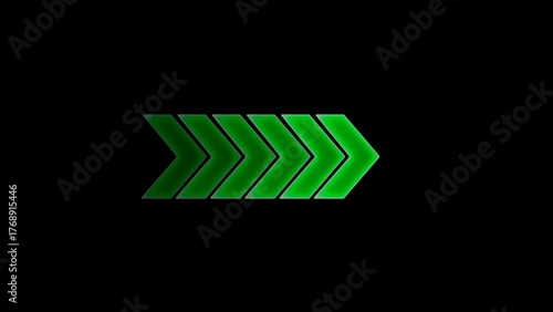 Row of glowing green chevron arrows on black light