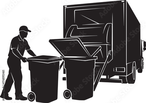 Garbage truck silhouette loading wheelie bins, sanitation worker waste collection service recycling icon.