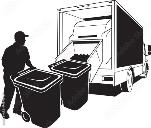 Garbage truck silhouette loading wheelie bins, sanitation worker waste collection service recycling icon.