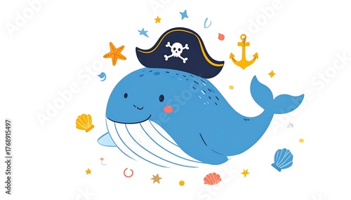 Adorable blue marine mammal with a pirate hat and nautical elements