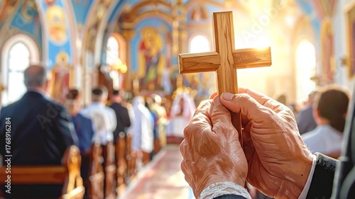 A wooden cross held in aged hands, viewed from the aisle of a church during service