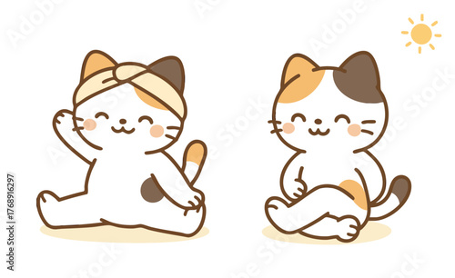 ヨガポーズでストレッチする猫のイラスト / Yoga Cat Stretching in the Morning