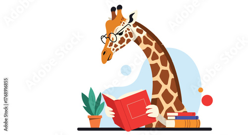 A studious giraffe wearing round glasses reads a book at a desk, with a potted plant and other books nearby, representing knowledge.