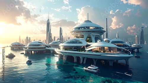 Futuristic city on water with unique architecture, boats, and a skyline