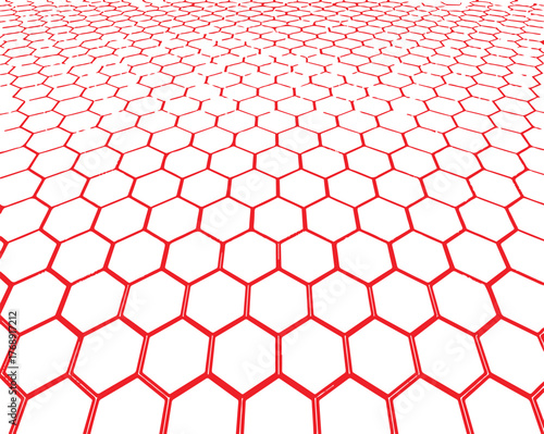Three-dimensional rendering of a red hexagonal mesh structure extending into a distant perspective on a white background