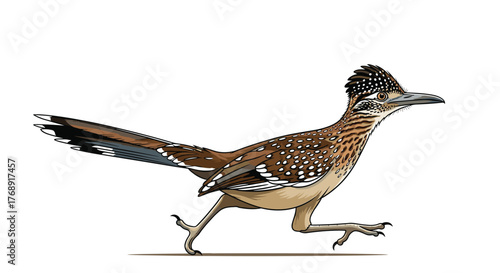 A cartoon illustration of a greater roadrunner, a fast ground cuckoo bird with a long tail and distinctive crest, running or walking.