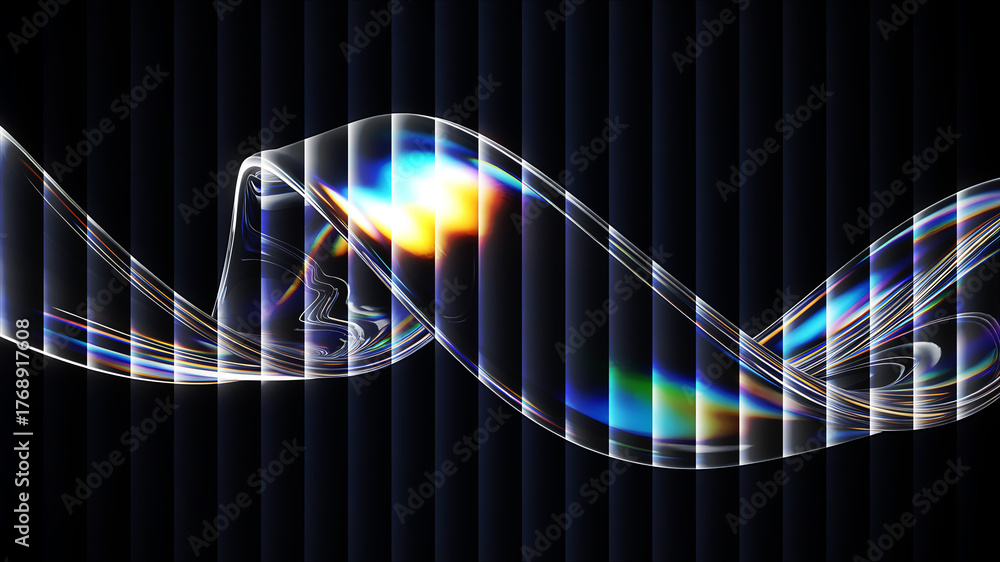 Fototapeta premium Abstract dark background with transparent glowing curve and vertical stripes design element