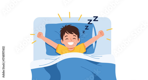 A cheerful young boy with brown hair is happily stretching and smiling in his bed after waking up refreshed, ready for a new day.