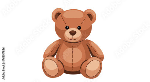 Adorable brown teddy bear plush toy with stitched seams and a sweet face, sitting upright and isolated on a white background.