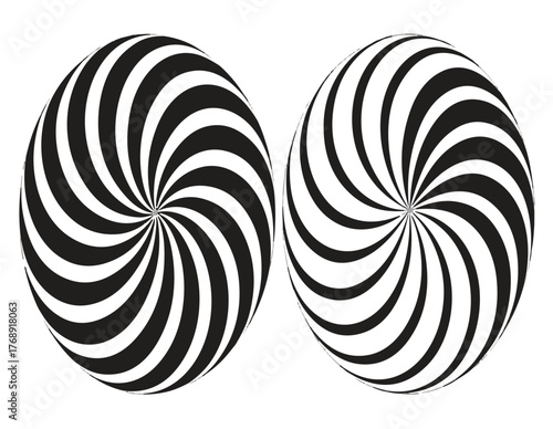 Intense black and white swirling spirals forming a captivating optical illusion, perfect for abstract backgrounds, modern graphic design, and eye-catching visual effects