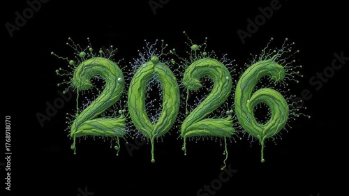 Digital 2026 Year Number Made of Green Liquid Splashing on Black Background